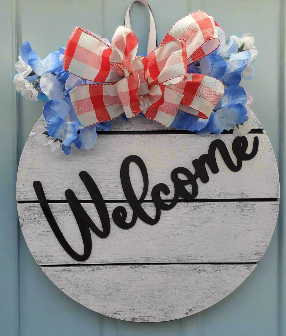 Front Door welcome sign in ship lap style, bow of color choice included.