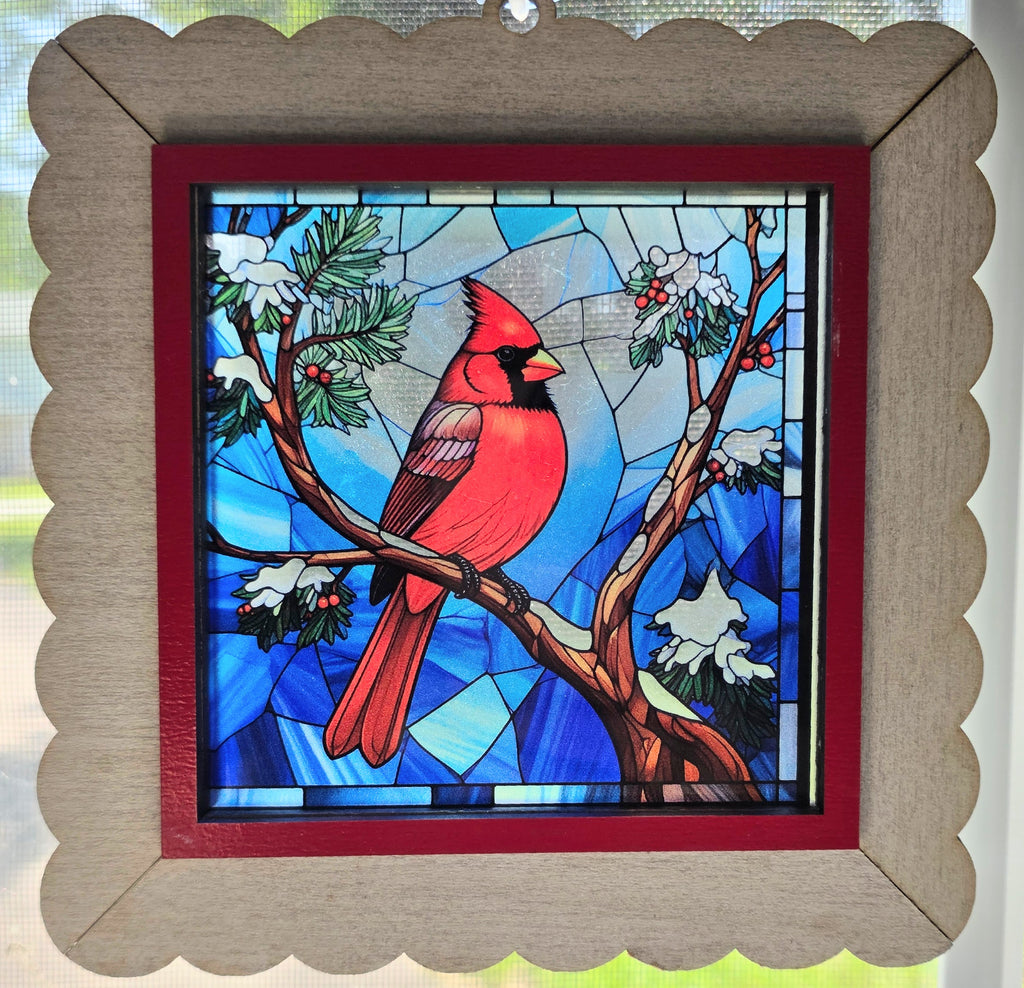 6.5x7 inch laser-cut wood interchangeable suncatcher frame with scalloped edges and blue inner mat, handcrafted by Illuminated Engraving
