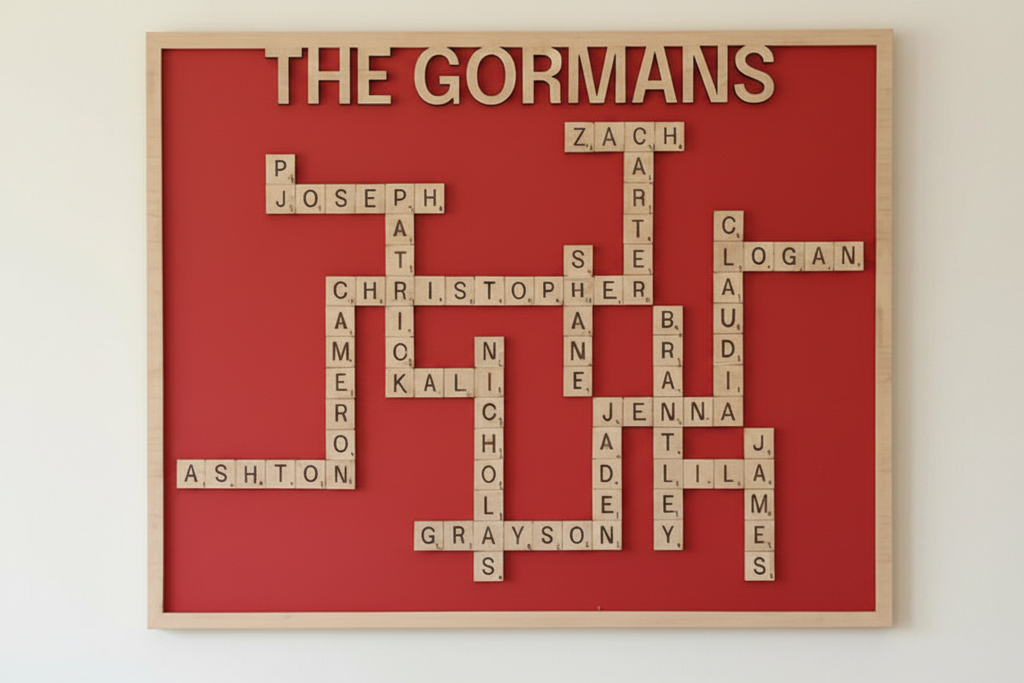 Personalized Scrabble-style family name wall art laser-engraved – custom crossword layout with point values home décor gift
